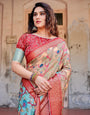 Beige Tussar Silk Saree with Vibrant Multicolor Floral Prints and Red Zari Border