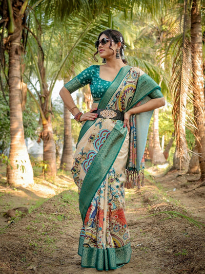 Pure Silk Digitally Printed Saree Weaved With Golden Zari Comes With Tassels - Almaari Fashion