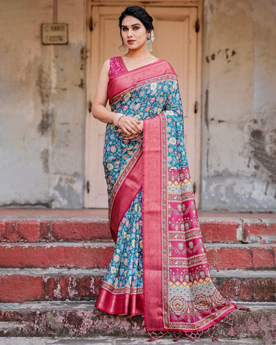 Pure Silk Digitally Printed Saree Weaved With Golden Zari Comes With Tassels - Almaari Fashion