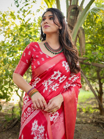 Pure Silk Digitally Printed Saree Weaved With Golden Zari Comes With Tassels - Almaari Fashion