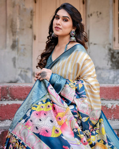 Pure Silk Digitally Printed Saree Weaved With Golden Zari Comes With Tassels - Almaari Fashion