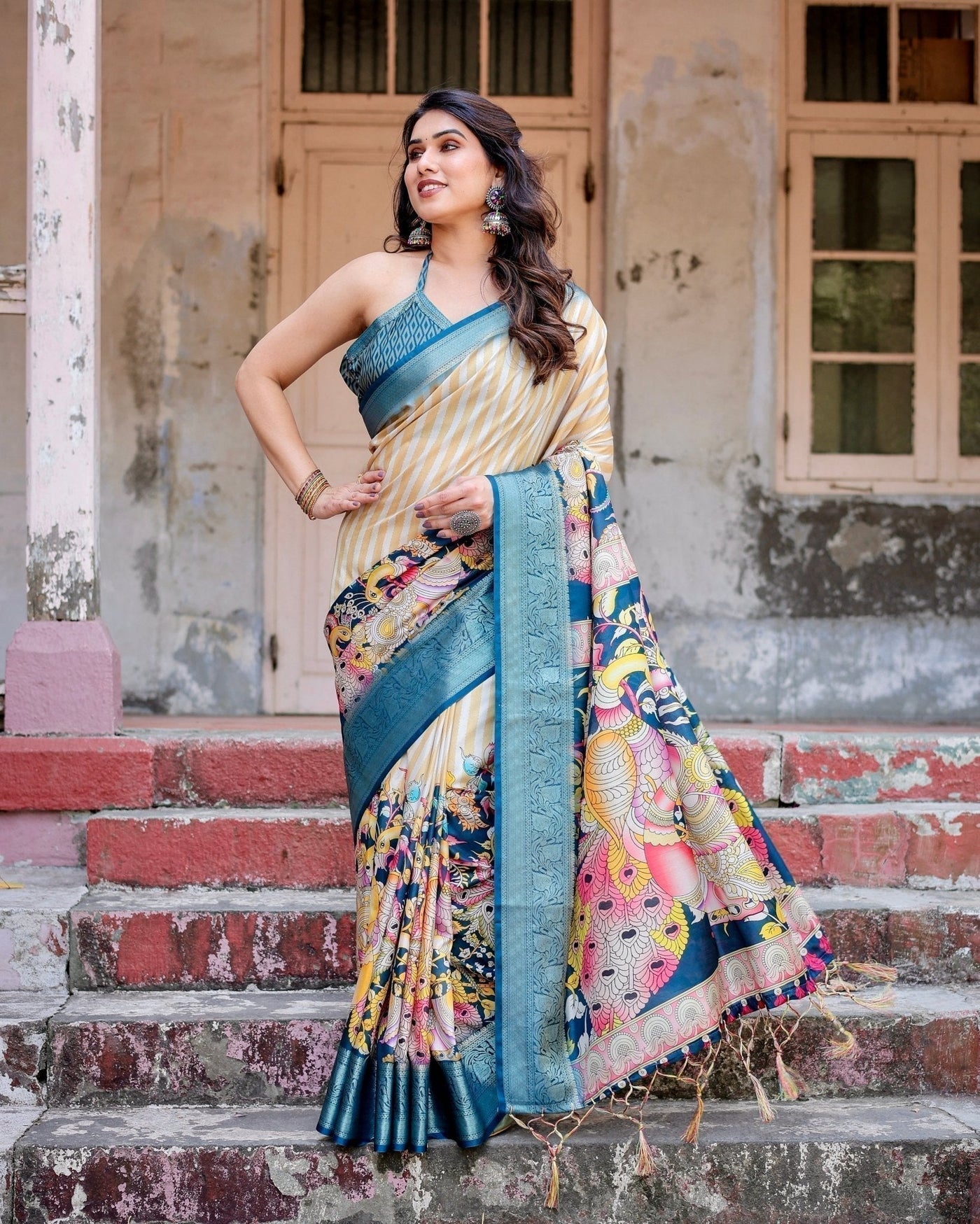 Pure Silk Digitally Printed Saree Weaved With Golden Zari Comes With Tassels - Almaari Fashion