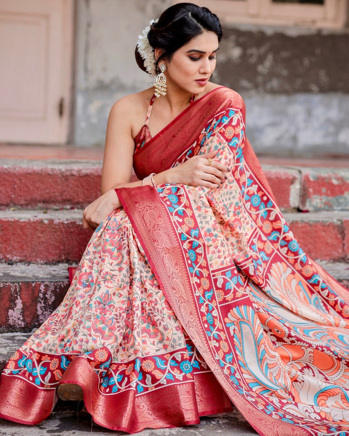 Pure Silk Digitally Printed Saree Weaved With Golden Zari Comes With Tassels - Almaari Fashion