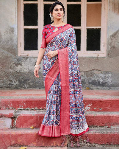 Pure Silk Digitally Printed Saree Weaved With Golden Zari Comes With Tassels - Almaari Fashion