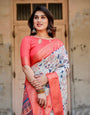 Ivory Tussar Silk Saree with Coral Zari Border and Intricate Floral Motifs