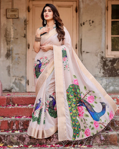 Pure Silk Digitally Printed Saree Weaved With Golden Zari Comes With Tassels - Almaari Fashion