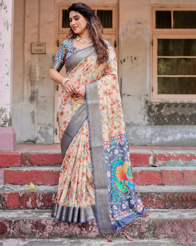 Pure Silk Digitally Printed Saree Weaved With Golden Zari Comes With Tassels - Almaari Fashion