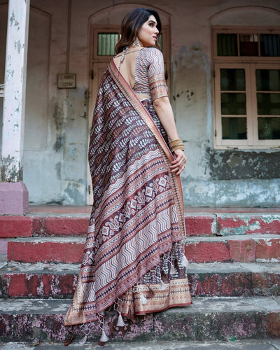 Pure Silk Digitally Printed Saree Weaved With Golden Zari Comes With Tassels - Almaari Fashion