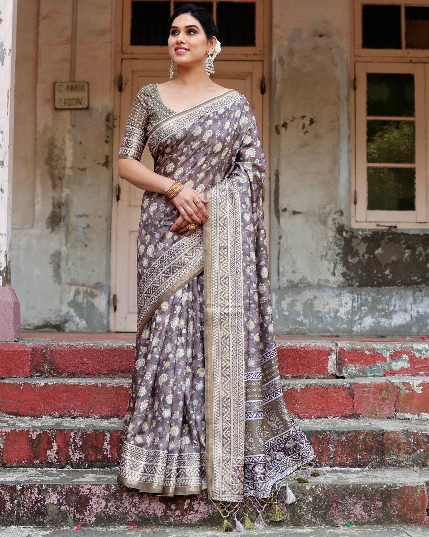 Pure Silk Digitally Printed Saree Weaved With Golden Zari Comes With Tassels - Almaari Fashion