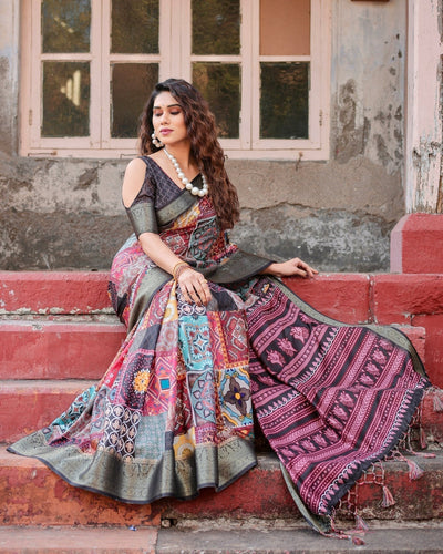 Pure Silk Digitally Printed Saree Weaved With Golden Zari Comes With Tassels - Almaari Fashion