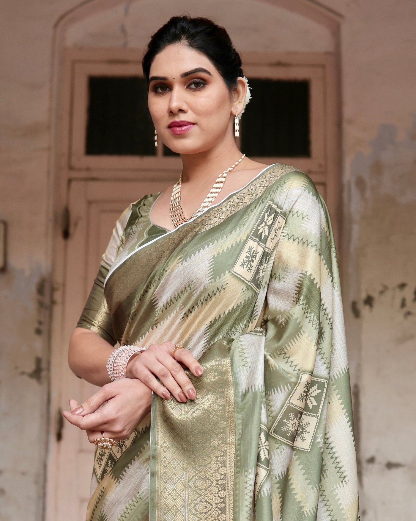 Pure Silk Digitally Printed Saree Weaved With Golden Zari Comes With Tassels - Almaari Fashion