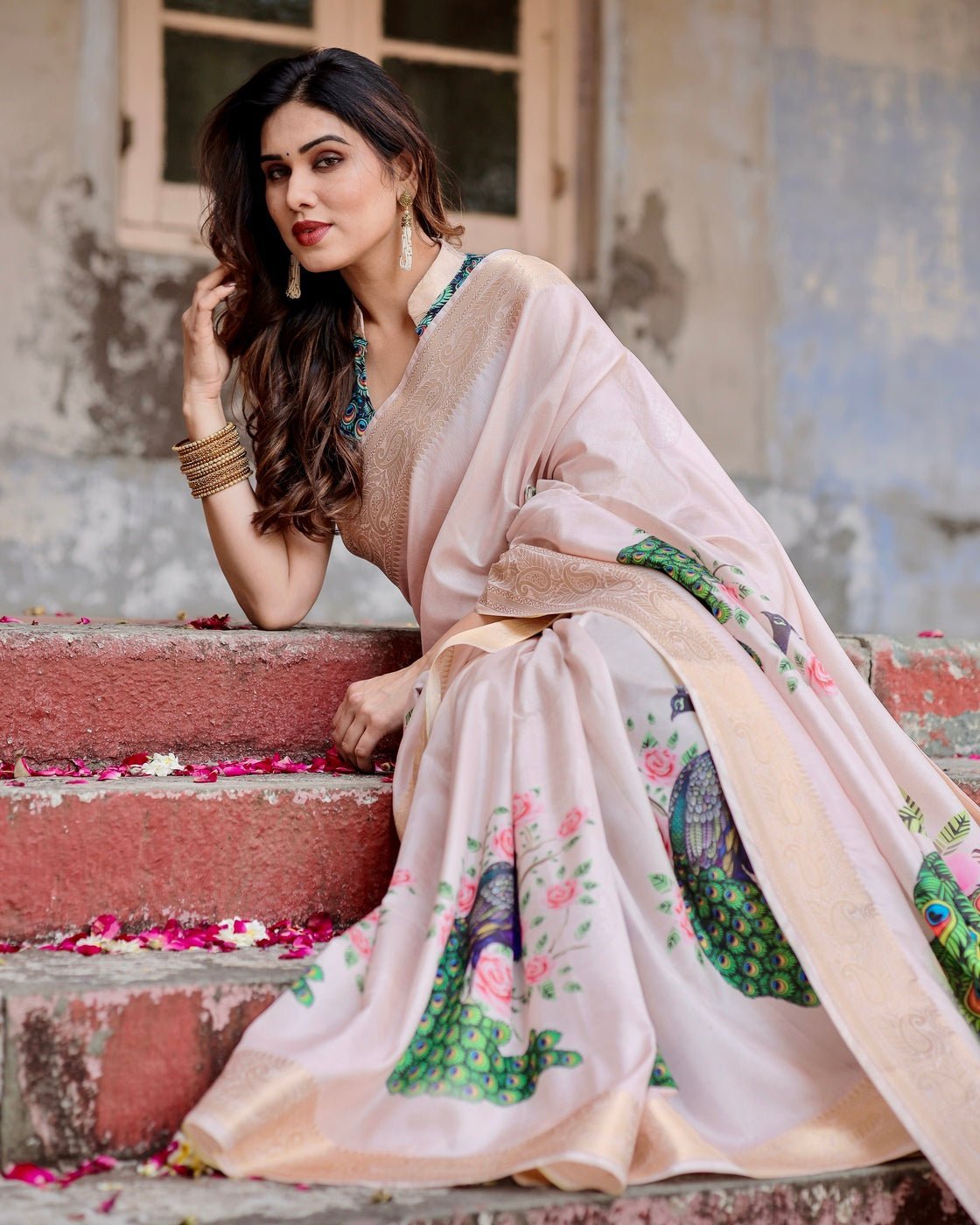 Pure Silk Digitally Printed Saree Weaved With Golden Zari Comes With Tassels - Almaari Fashion