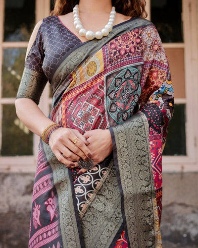 Pure Silk Digitally Printed Saree Weaved With Golden Zari Comes With Tassels - Almaari Fashion