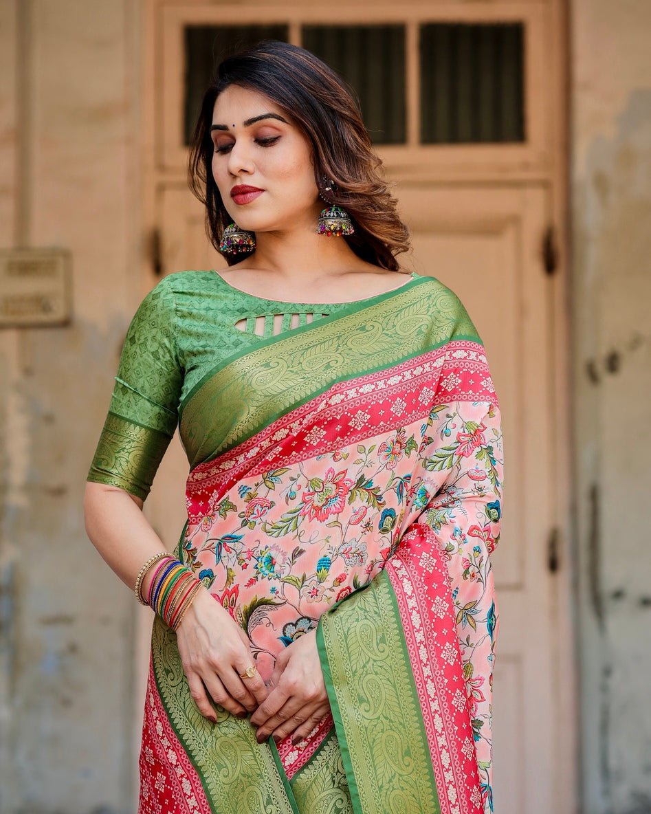 Pure Silk Digitally Printed Saree Weaved With Golden Zari Comes With Tassels - Almaari Fashion