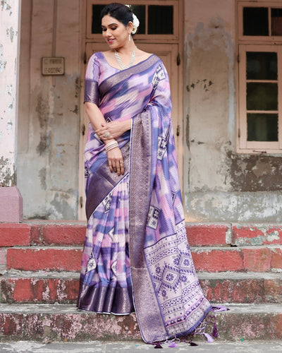 Pure Silk Digitally Printed Saree Weaved With Golden Zari Comes With Tassels - Almaari Fashion