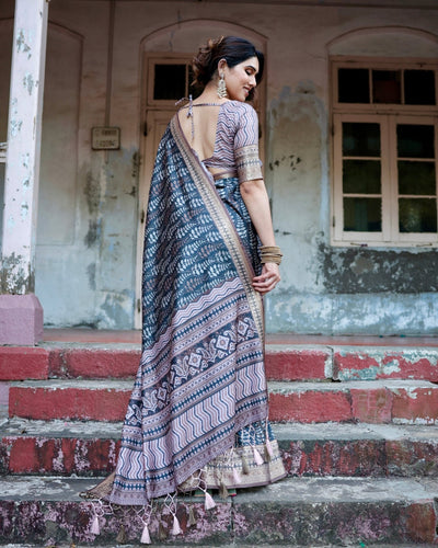 Pure Silk Digitally Printed Saree Weaved With Golden Zari Comes With Tassels - Almaari Fashion