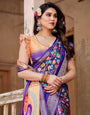 Royal Purple Tussar Silk Saree with Vibrant Floral Print and Peacock Motif Pallu