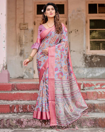 Pure Silk Digitally Printed Saree Weaved With Golden Zari Comes With Tassels - Almaari Fashion