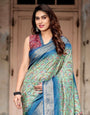 Majestic Blue and Green Digital Print Saree with Intricate Floral Motifs and Contrasting Pallu