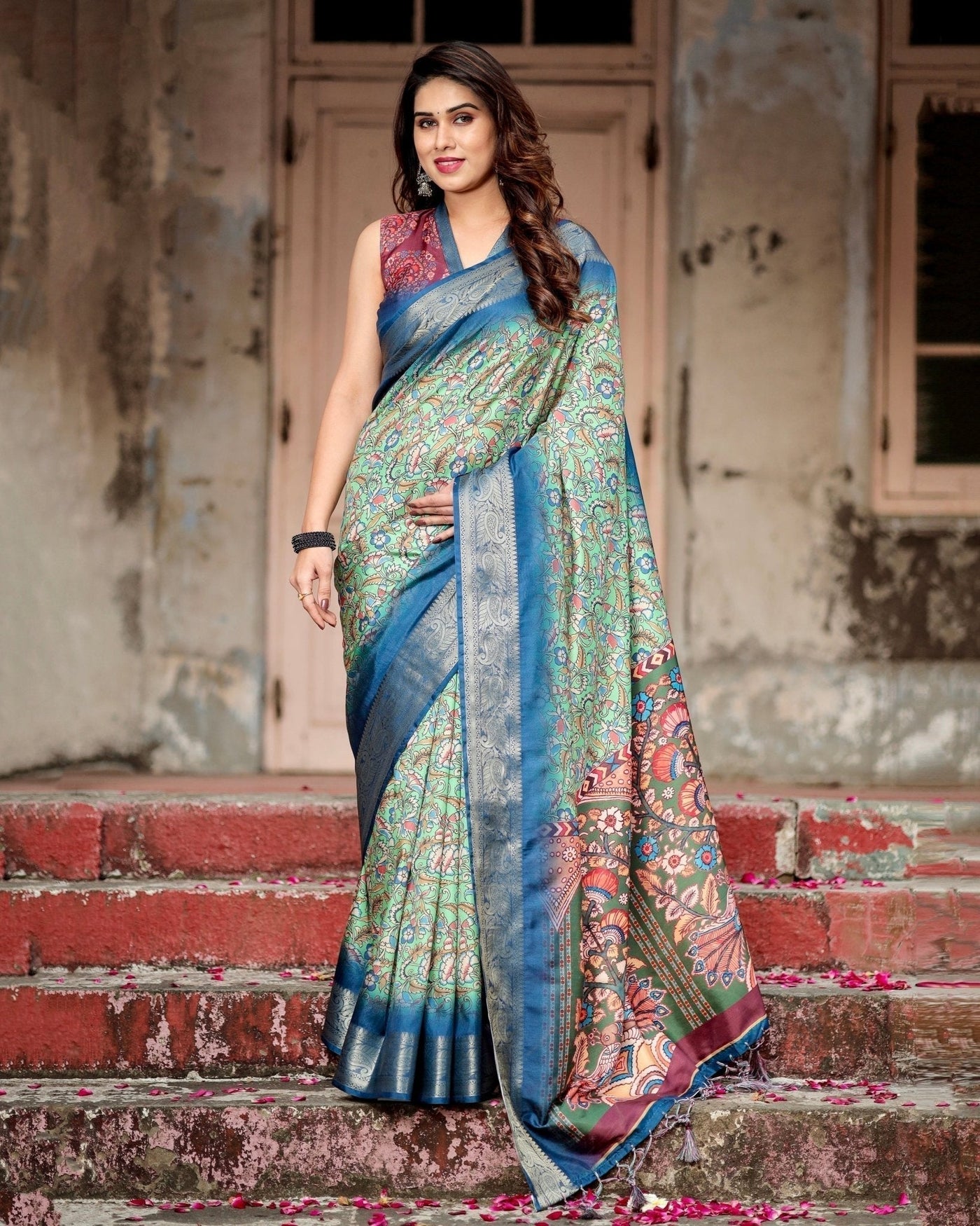 Pure Silk Digitally Printed Saree Weaved With Golden Zari Comes With Tassels - Almaari Fashion