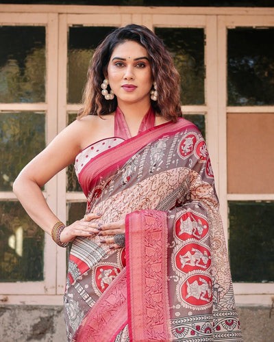 Pure Silk Digitally Printed Saree Weaved With Golden Zari Comes With Tassels - Almaari Fashion