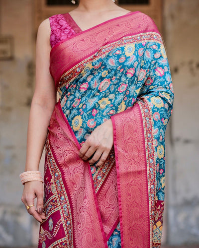 Pure Silk Digitally Printed Saree Weaved With Golden Zari Comes With Tassels - Almaari Fashion