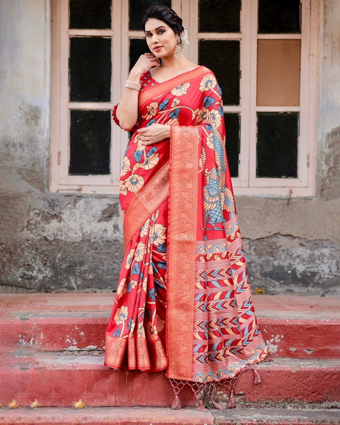 Pure Silk Digitally Printed Saree Weaved With Golden Zari Comes With Tassels - Almaari Fashion