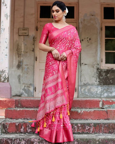 Pure Silk Digitally Printed Saree Weaved With Golden Zari Comes With Tassels - Almaari Fashion