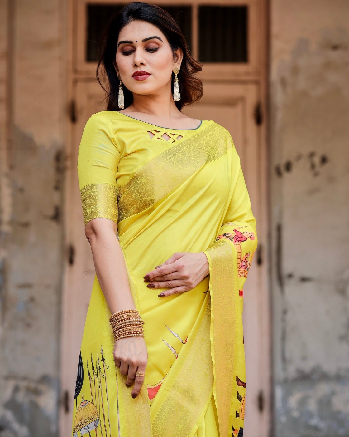 Pure Silk Digitally Printed Saree Weaved With Golden Zari Comes With Tassels - Almaari Fashion