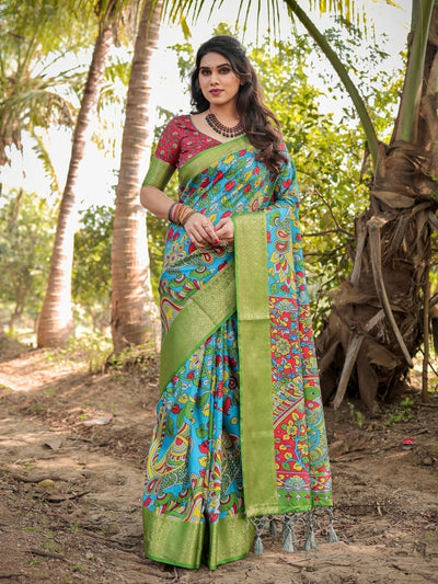 Pure Silk Digitally Printed Saree Weaved With Golden Zari Comes With Tassels - Almaari Fashion