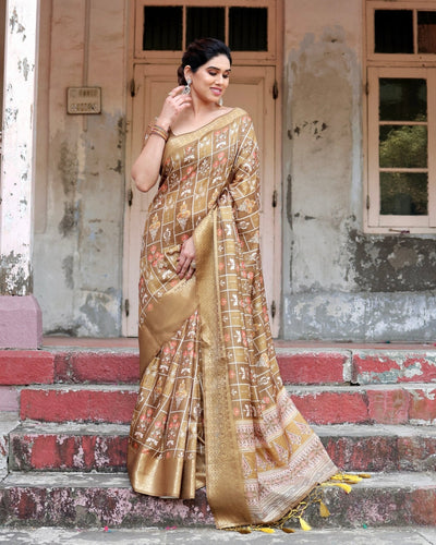 Pure Silk Digitally Printed Saree Weaved With Golden Zari Comes With Tassels - Almaari Fashion