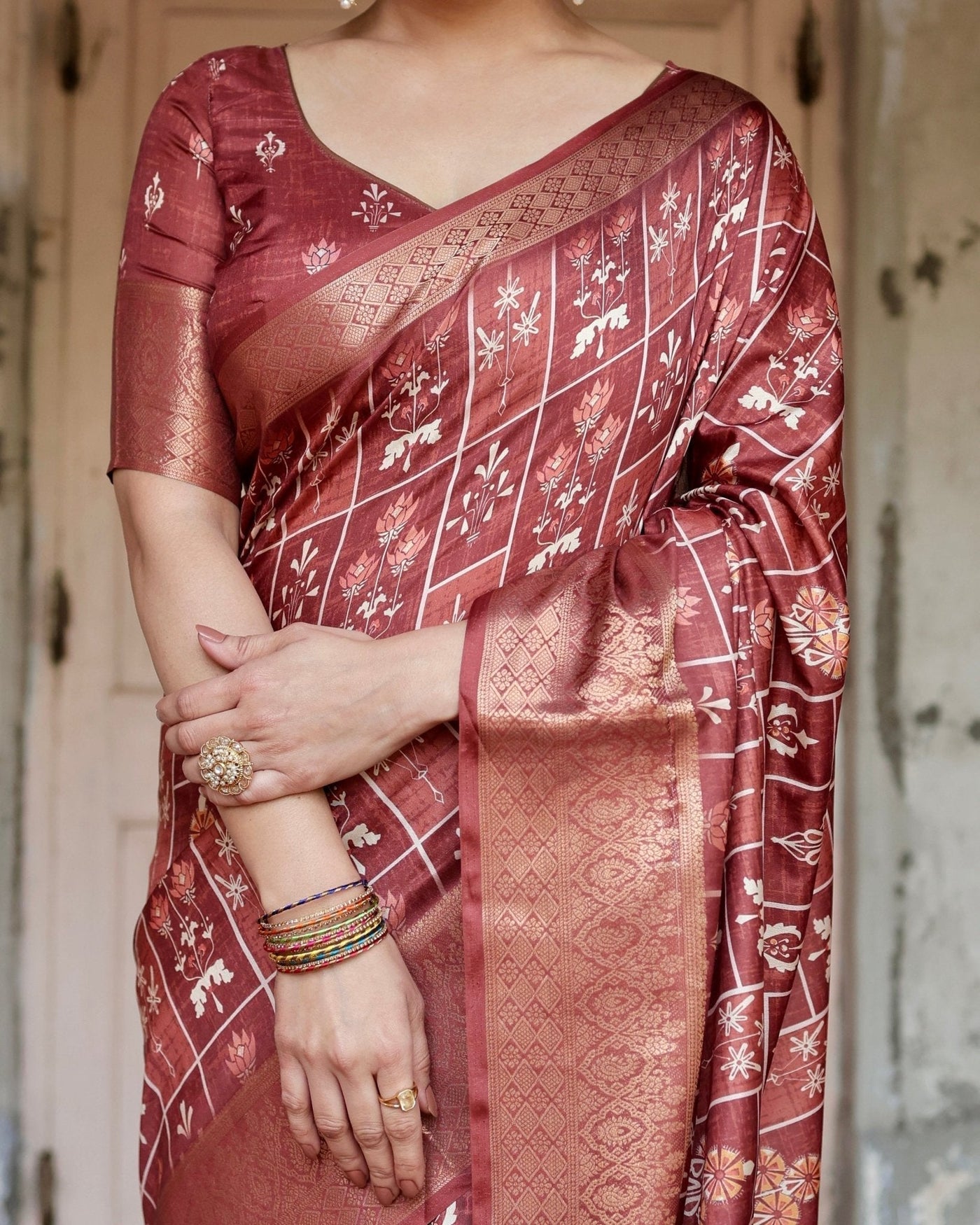 Pure Silk Digitally Printed Saree Weaved With Golden Zari Comes With Tassels - Almaari Fashion