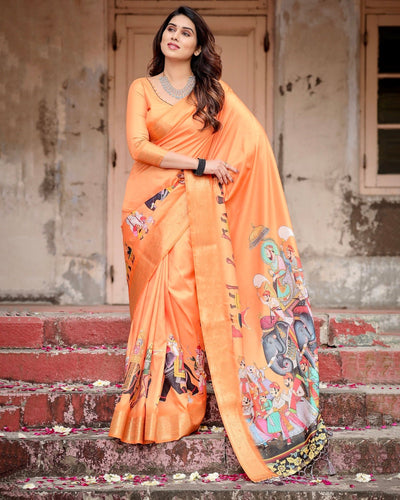 Pure Silk Digitally Printed Saree Weaved With Golden Zari Comes With Tassels - Almaari Fashion