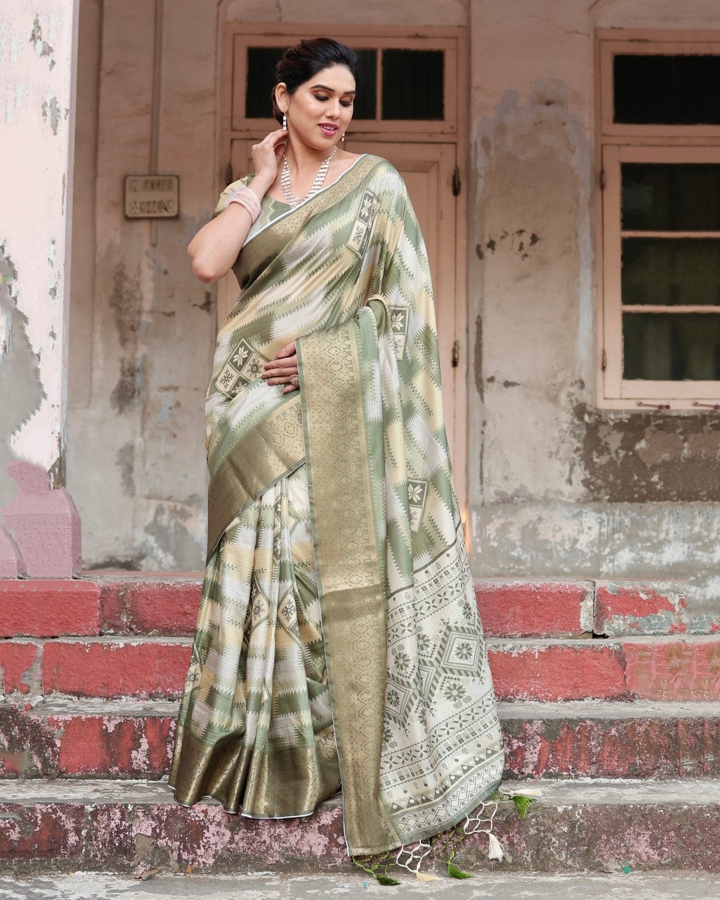 Pure Silk Digitally Printed Saree Weaved With Golden Zari Comes With Tassels - Almaari Fashion