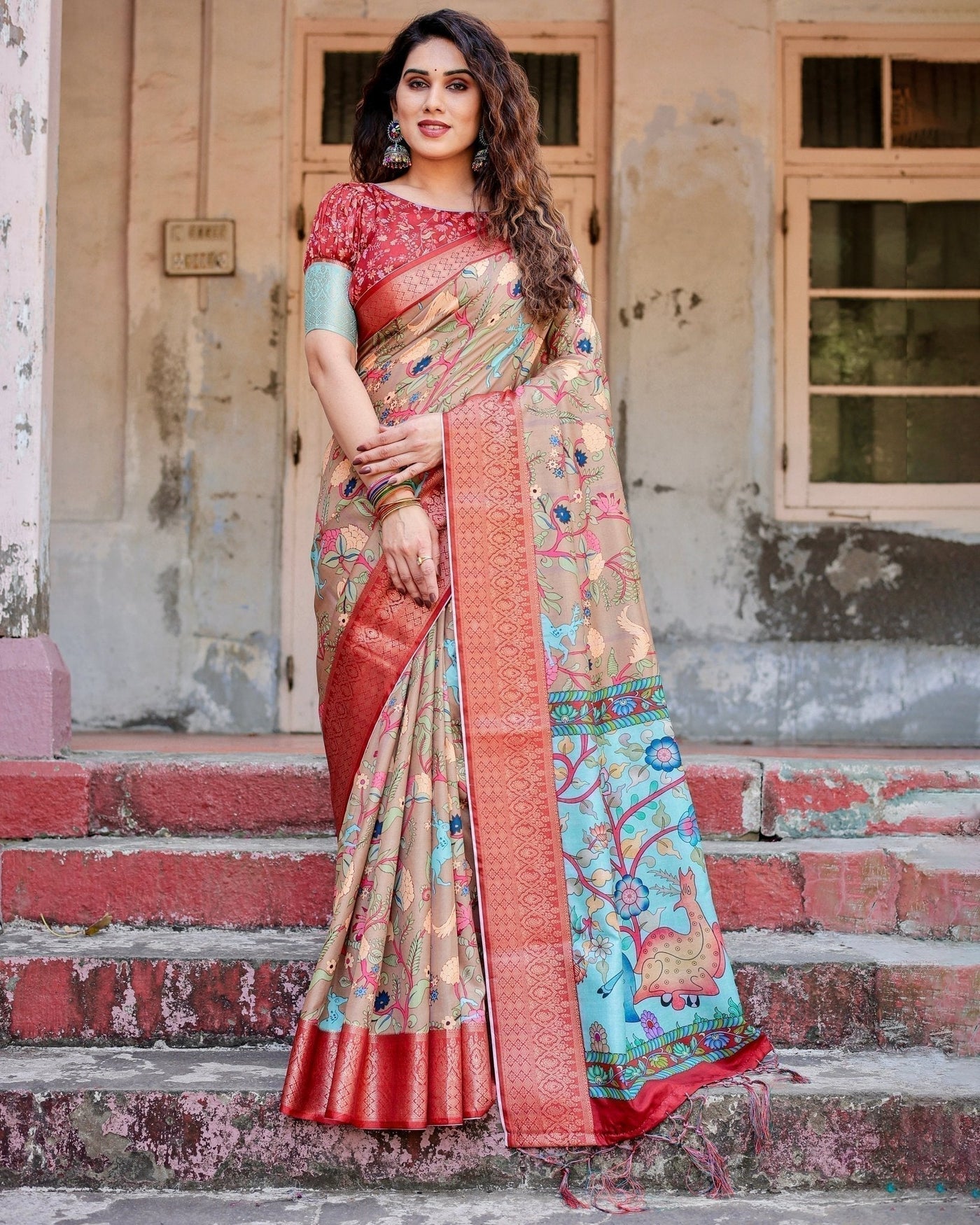 Pure Silk Digitally Printed Saree Weaved With Golden Zari Comes With Tassels - Almaari Fashion