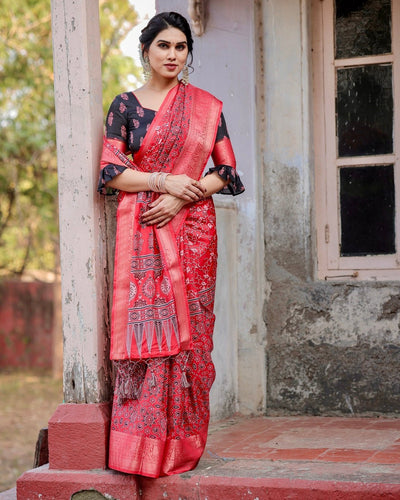 Pure Silk Digitally Printed Saree Weaved With Golden Zari Comes With Tassels - Almaari Fashion