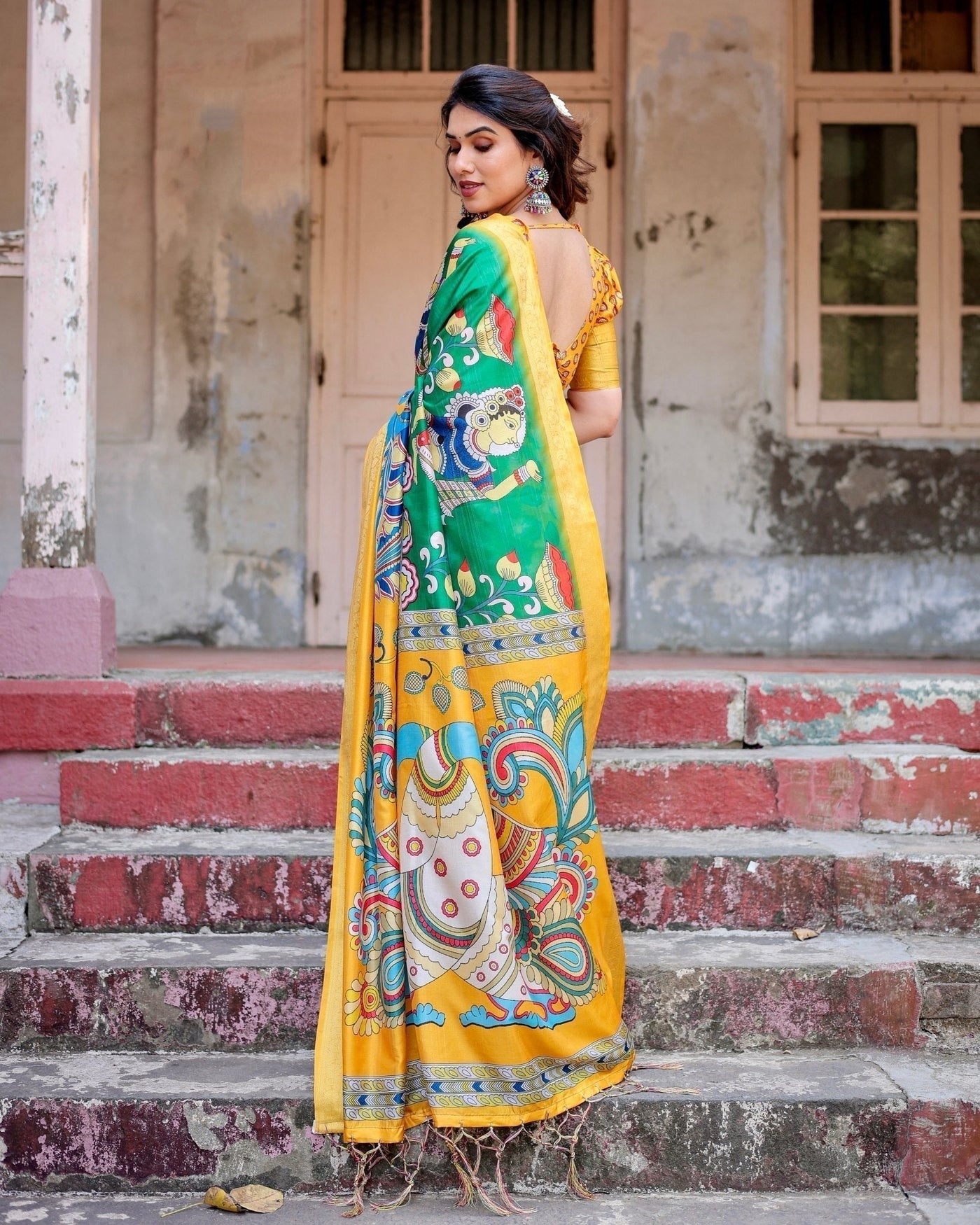 Pure Silk Digitally Printed Saree Weaved With Golden Zari Comes With Tassels - Almaari Fashion