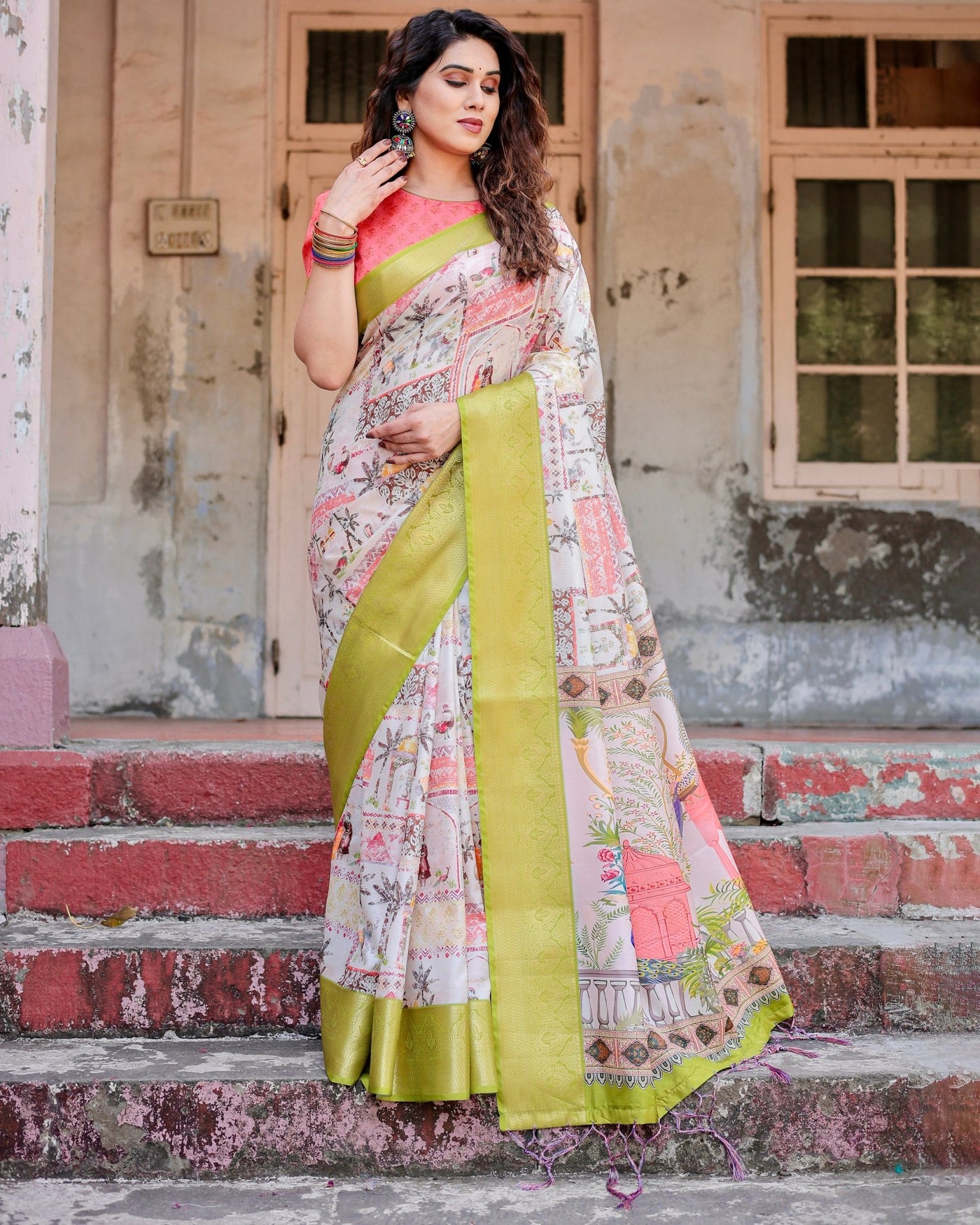 Pure Silk Digitally Printed Saree Weaved With Golden Zari Comes With Tassels - Almaari Fashion