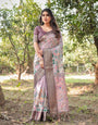 Lilac and Purple Digital Print Tussar Silk Saree with Zari Diamond Border and Lotus Motif Pallu