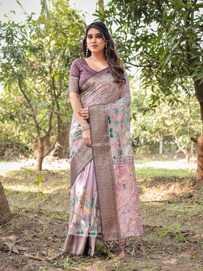 Pure Silk Digitally Printed Saree Weaved With Golden Zari Comes With Tassels - Almaari Fashion