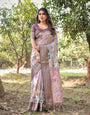 Lilac and Purple Digital Print Banarasi Silk Saree with Zari Diamond Border and Lotus Motif Pallu