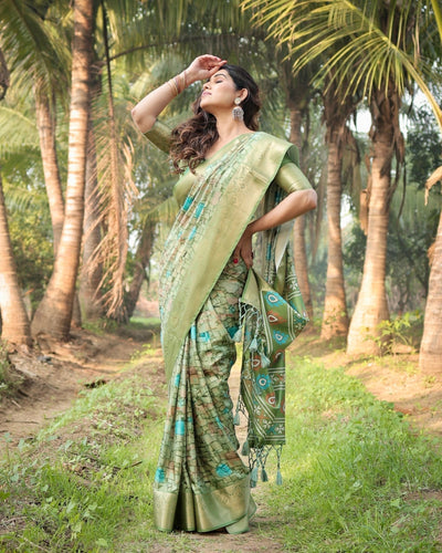 Pure Silk Digitally Printed Saree Weaved With Golden Zari Comes With Tassels - Almaari Fashion