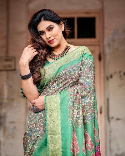 Pure Silk Digitally Printed Saree Weaved With Golden Zari Comes With Tassels - Almaari Fashion