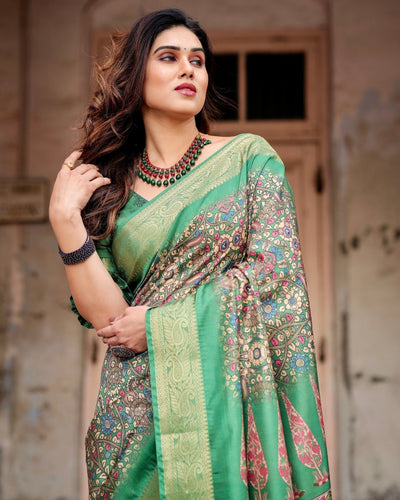 Pure Silk Digitally Printed Saree Weaved With Golden Zari Comes With Tassels - Almaari Fashion