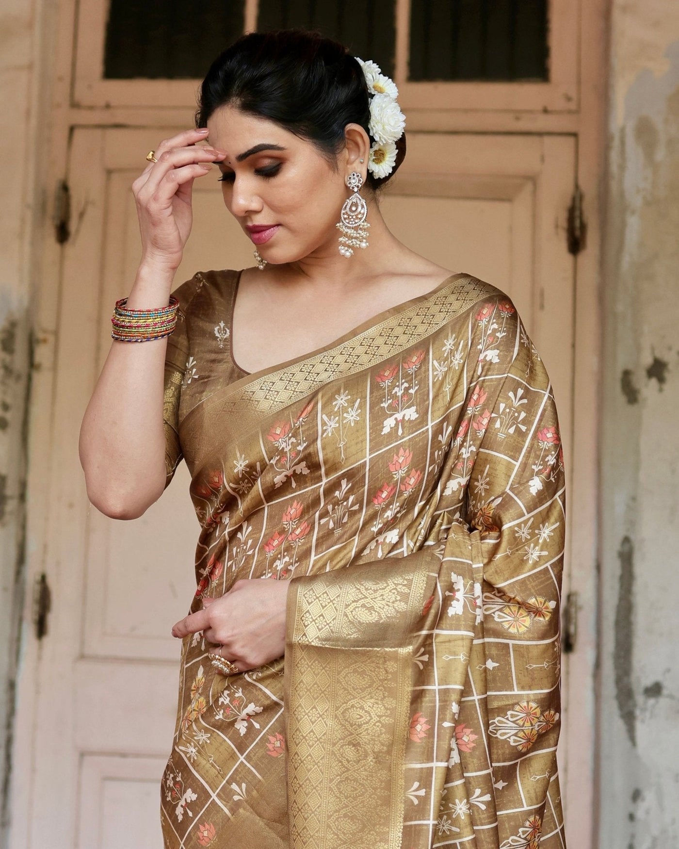 Pure Silk Digitally Printed Saree Weaved With Golden Zari Comes With Tassels - Almaari Fashion