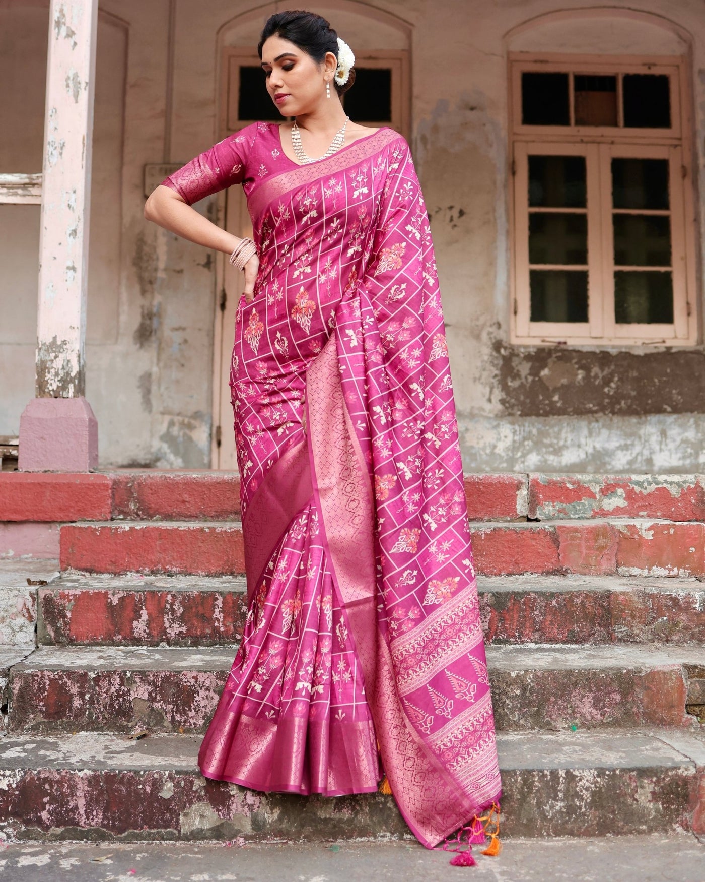 Pure Silk Digitally Printed Saree Weaved With Golden Zari Comes With Tassels - Almaari Fashion