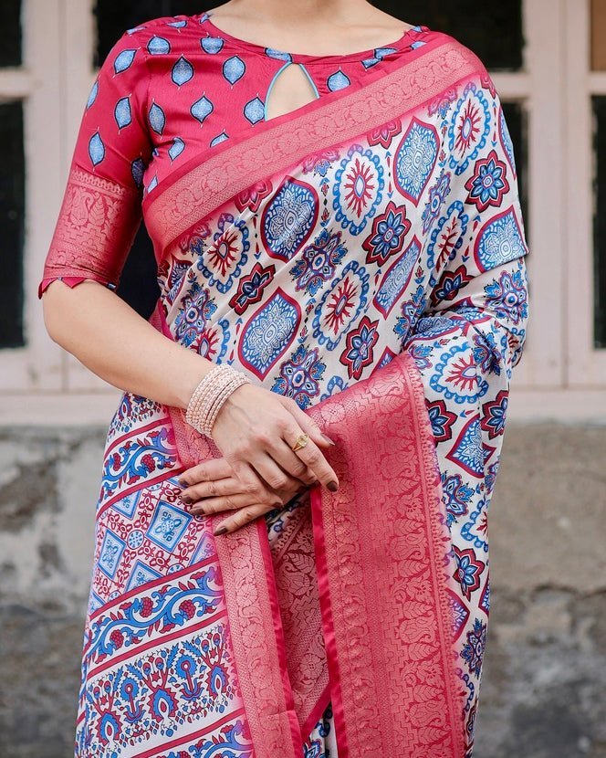 Pure Silk Digitally Printed Saree Weaved With Golden Zari Comes With Tassels - Almaari Fashion