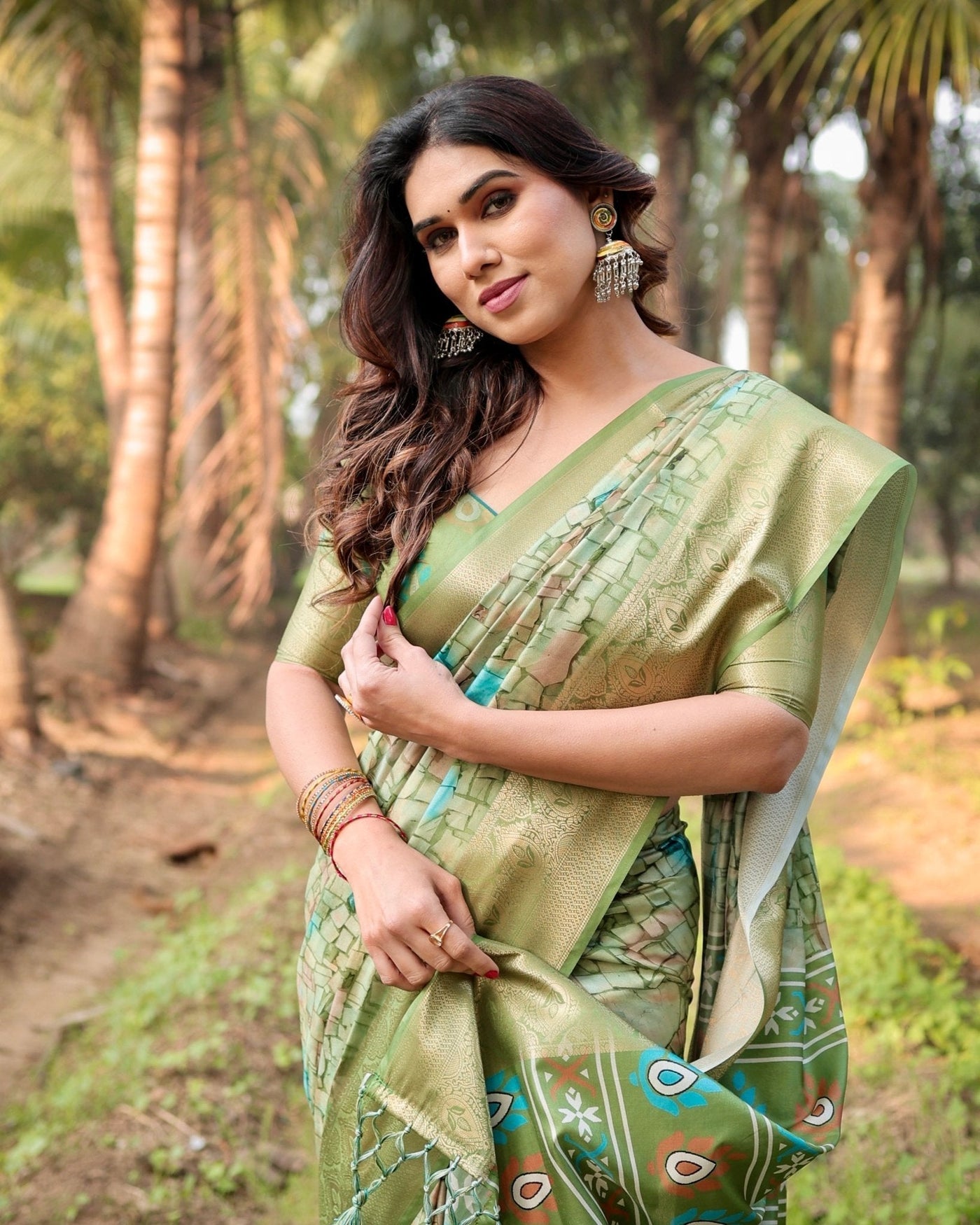 Pure Silk Digitally Printed Saree Weaved With Golden Zari Comes With Tassels - Almaari Fashion