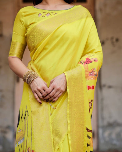 Pure Silk Digitally Printed Saree Weaved With Golden Zari Comes With Tassels - Almaari Fashion