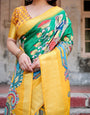 Golden Yellow Banarasi Silk Saree with Vibrant Peacock Kalamkari Motifs